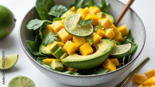 Fresh mango avocado salad with vibrant lime wedges and herbs