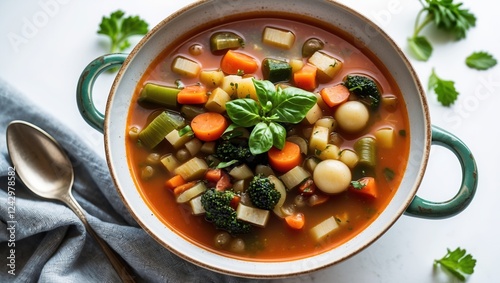 Colorful vegetable soup in a green bowl with fresh ingredients, served with a silver spoon.