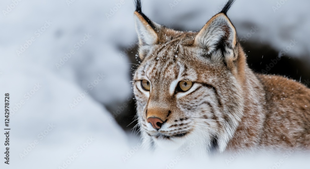 Majestic lynx in snowy wilderness with intense gaze and distinctive ear tufts Majestic lynx in snowy wilderness with intense gaze and distinctive ear tufts