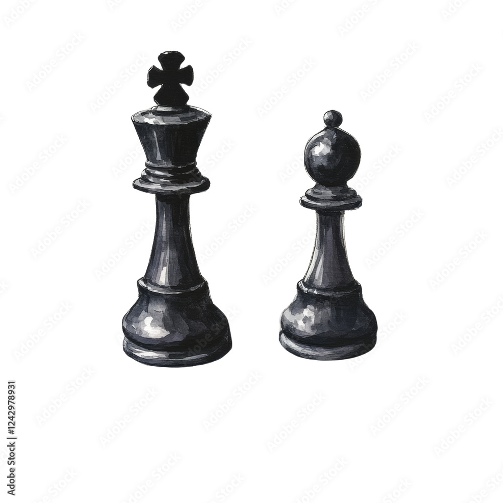 A watercolor painting depicts a black chess king and pawn against a dark background, suggesting strategy and power. A watercolor painting depicts a black chess king and pawn against a dark background, suggesting strategy and power.