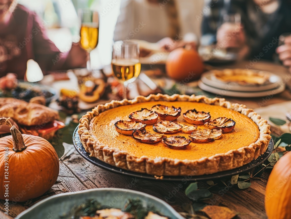 Delicious Pumpkin Pie with Roasted Fruit at Autumn Gathering Table Delicious Pumpkin Pie with Roasted Fruit at Autumn Gathering Table