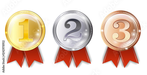 Award medals, gold, silver, and bronze medals on transparent background
