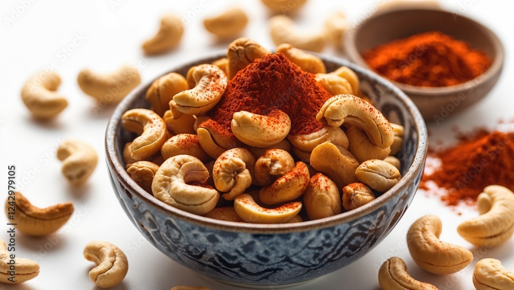 Bowl of spicy cashews with paprika - gourmet healthy snacking Bowl of spicy cashews with paprika - gourmet healthy snacking