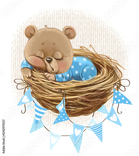 Cute cartoon baby bear in blue close sleep in elegantly decorated nest watercolor illustration