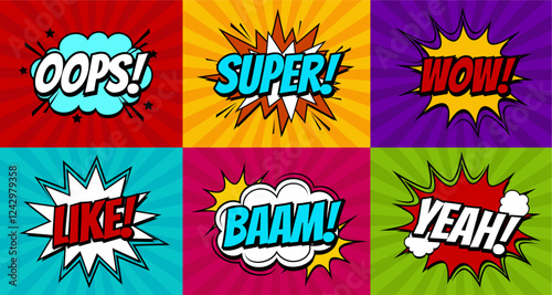 Comic speech bubble vector, comic book sound effect, colorful pop art design with in the shape of an explosion, perfect comic explosion for action theme graphics, design