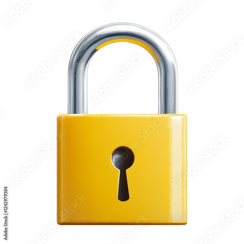 The image shows a digitally rendered yellow padlock with a silver shackle against a black background, symbolizing security and protection.