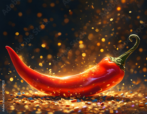 Red Chilli Pepper with Golden Sparkles