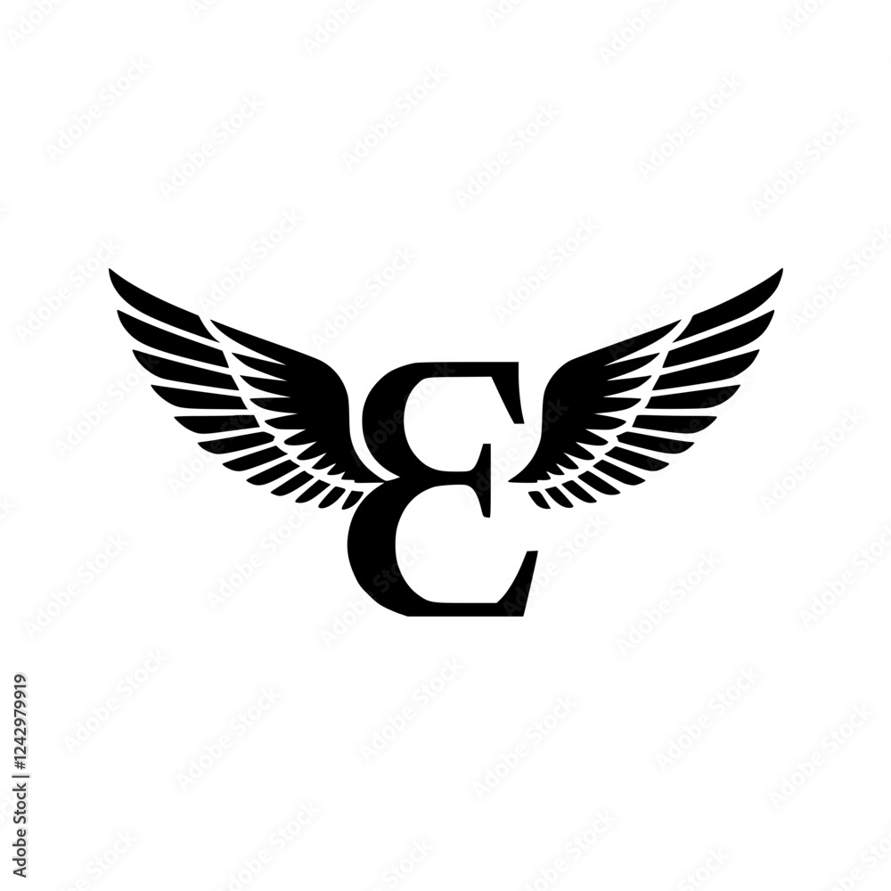 Fototapeta premium Winged Letter E Black Logo Design, Black letter E with symmetrical wings, creating a modern and stylish logo. Perfect for branding, aviation, business, sports, or creative identity. 