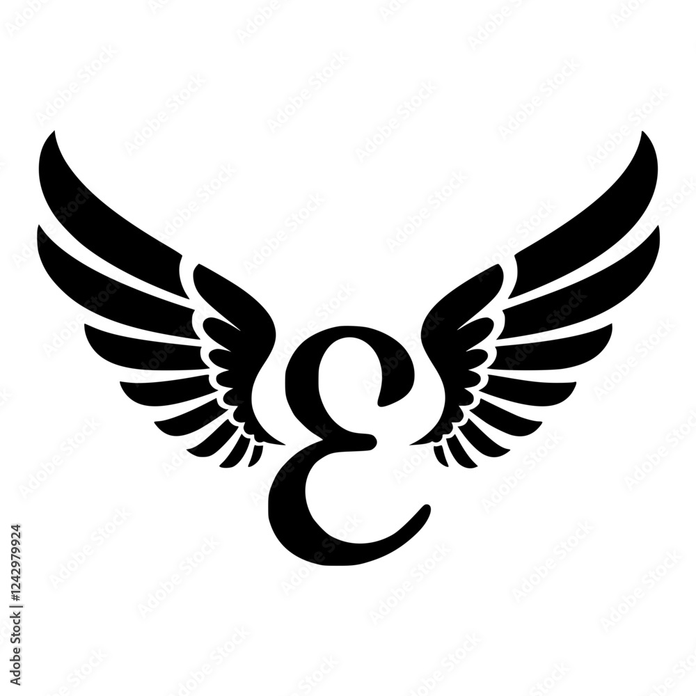 Obraz premium Winged Letter E Black Logo Design, Black letter E with symmetrical wings, creating a modern and stylish logo. Perfect for branding, aviation, business, sports, or creative identity. 