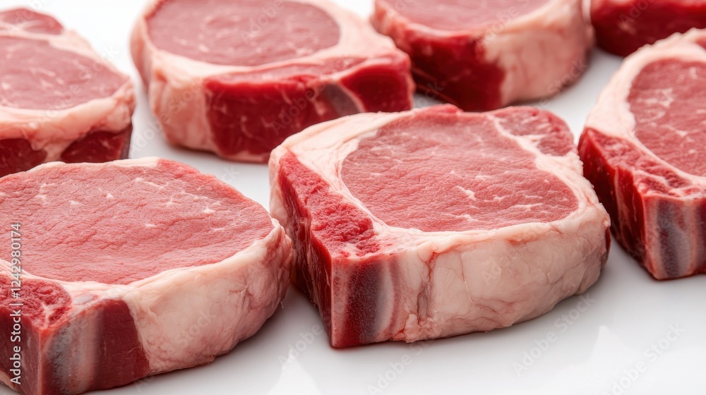 Raw, thick-cut rib chops on white surface, ready to be cooked. Raw, thick-cut rib chops on white surface, ready to be cooked.