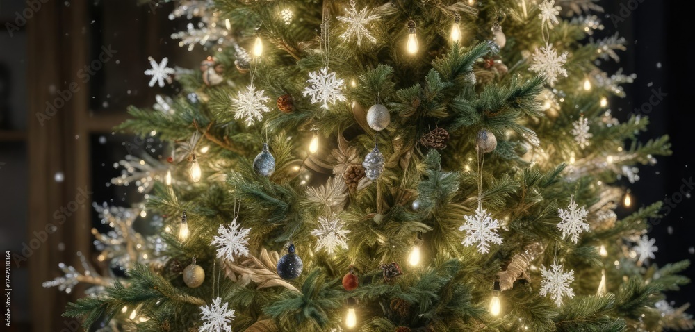 Snowflakes gently falling on a decorated Christmas tree, frozen water, frosty landscape Snowflakes gently falling on a decorated Christmas tree, frozen water, frosty landscape