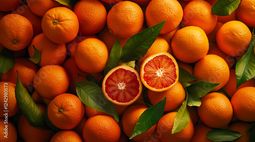 Top-down view of fresh Sicilian blood oranges filling the frame. Juicy reddish-orange pulp, and scattered green leaves. Bright, fresh, organic, and tropical citrus in a horizontal composition. © anastasiiam