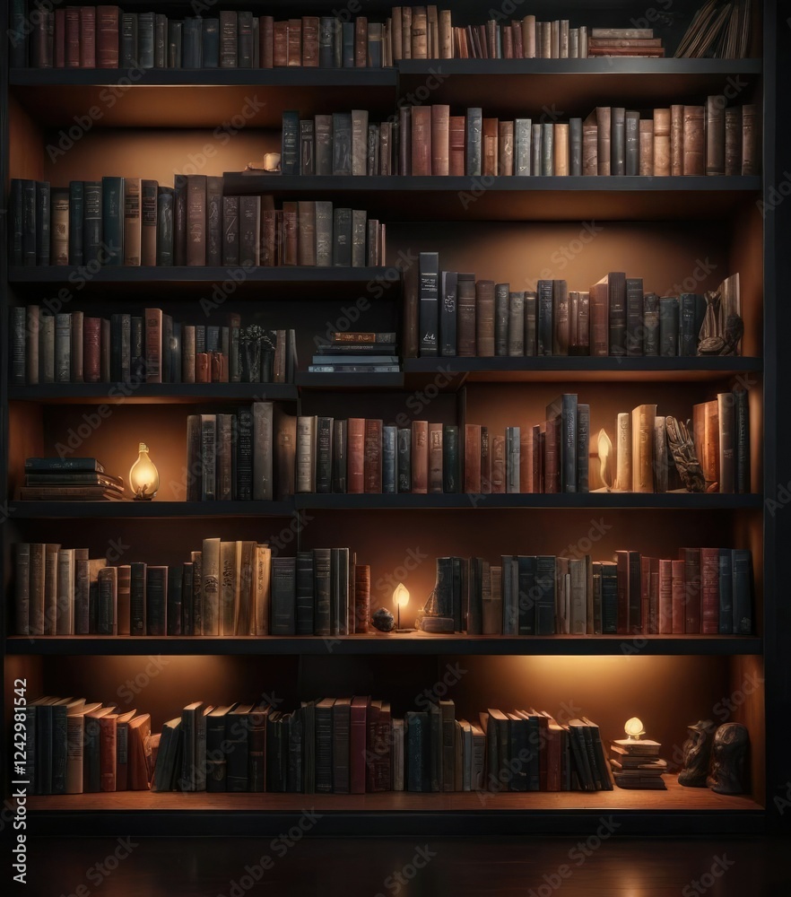 Soft Focus Bookshelf in Dark Tones with Warm Ambient Lighting, dimly lit room, study space, book lover Soft Focus Bookshelf in Dark Tones with Warm Ambient Lighting, dimly lit room, study space, book lover