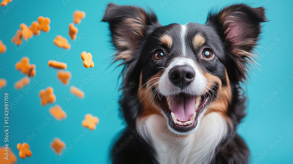 Happy dog against a blue studio background with falling dog food Happy dog against a blue studio background with falling dog food
