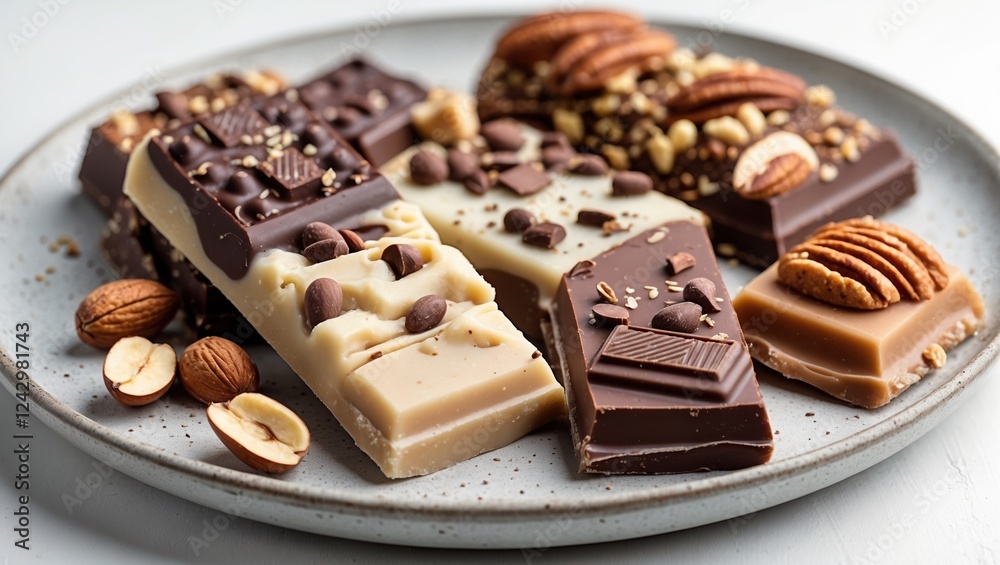 Assorted chocolates on gray plate with nuts and chocolate chips Assorted chocolates on gray plate with nuts and chocolate chips