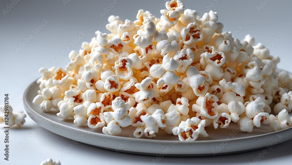 Fluffy popcorn piled on a beige plate, perfect for movie snacks and festive treats. Fluffy popcorn piled on a beige plate, perfect for movie snacks and festive treats.