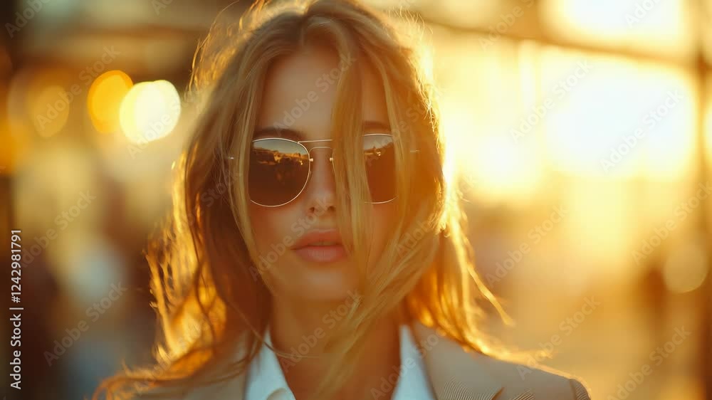 Stylish businesswoman with sunglasses and confident expression, A fashionable woman wearing sunglasses and a blazer with a confident look. Stylish businesswoman with sunglasses and confident expression, A fashionable woman wearing sunglasses and a blazer with a confident look.