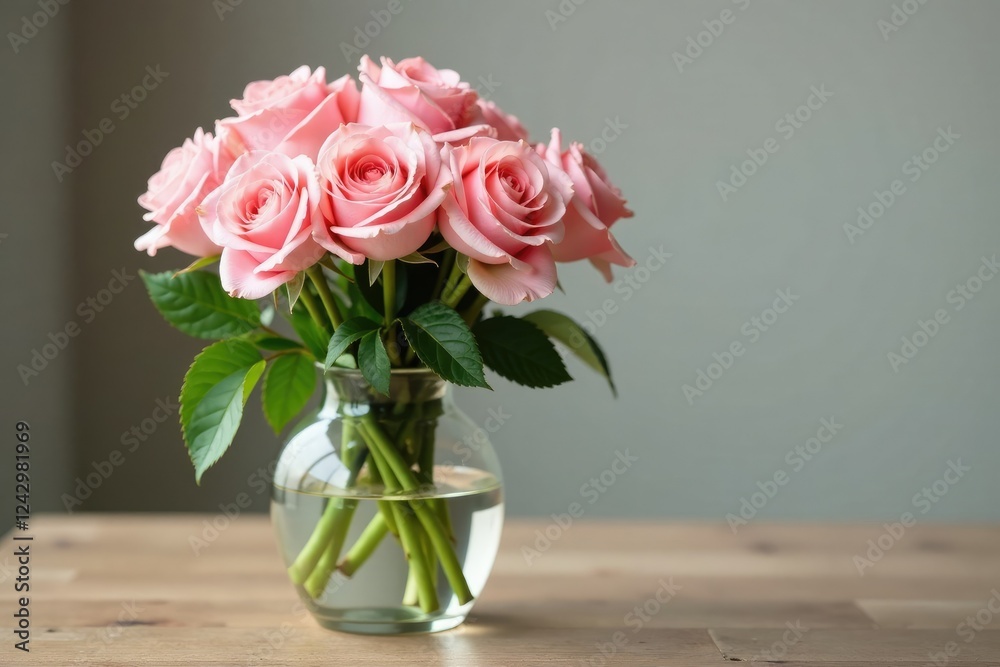 Soft pink roses in a clear glass vase on a wooden table, cream, light pink Soft pink roses in a clear glass vase on a wooden table, cream, light pink