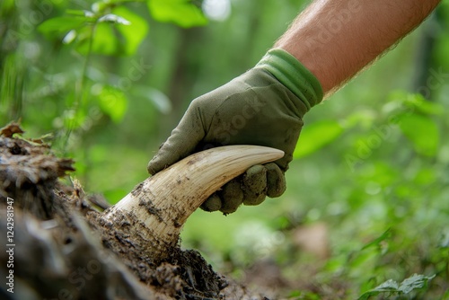 A gloved hand carefully unearths an ivory tusk from the forest ground, surrounded by greenery.