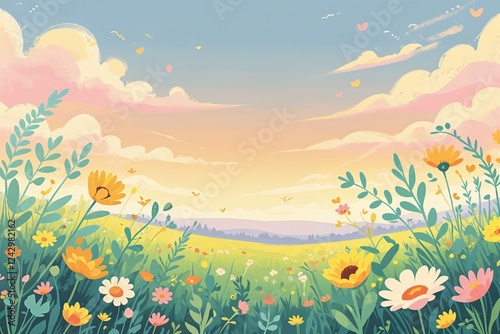 Sunny Meadow Illustration with Pastel Horizon and Joyful Atmosphere
