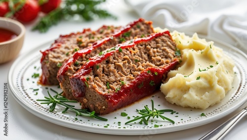 Sliced meatloaf with ketchup glaze and creamy mashed potatoes garnished with parsley.