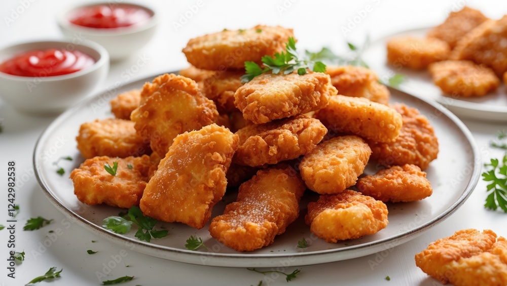 Crispy Chicken Nuggets with Ketchup and Parsley on White Plate Crispy Chicken Nuggets with Ketchup and Parsley on White Plate