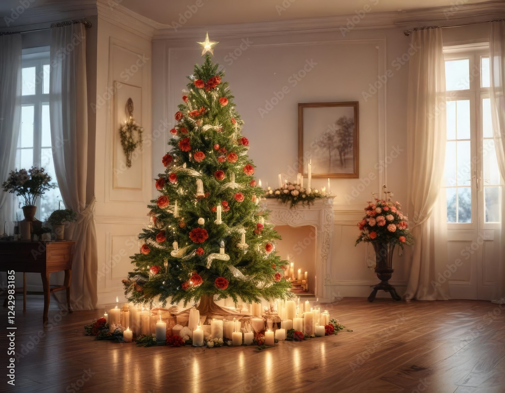 sparkling Christmas tree in a room filled with candles and flowers, sophisticated, flowers, sparkles sparkling Christmas tree in a room filled with candles and flowers, sophisticated, flowers, sparkles