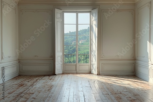 Wallpaper Mural An empty living space adorned with wooden flooring and vast windows that offer a view of the trees outside Torontodigital.ca