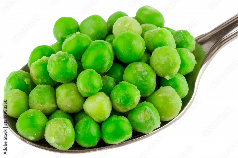 Close-up of frozen green peas piled on a metal spoon against a white background. The peas are covered in a thin layer of frost, highlighting their freshness and texture. Close-up of frozen green peas piled on a metal spoon against a white background. The peas are covered in a thin layer of frost, highlighting their freshness and texture.