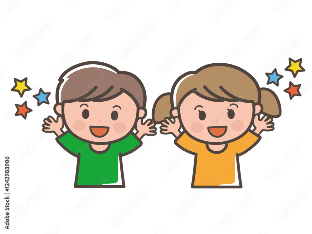 バンザイをして喜ぶ男の子と女の子の上半身イラスト(小学生、幼児、子供) バンザイをして喜ぶ男の子と女の子の上半身イラスト(小学生、幼児、子供)