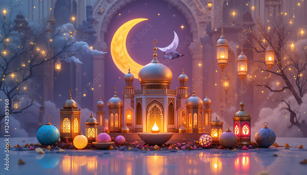 Fototapeta premium Ramadan Kareem with Colorful lanterns under a crescent moon