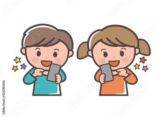 楽しそうにスマホを操作する男の子と女の子の上半身イラスト（小学生、幼児、子供）