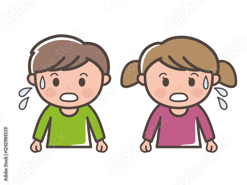 冷や汗をかいて焦る男の子と女の子の上半身イラスト（小学生、幼児、子供）