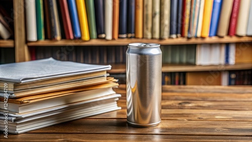 Photo of an unopened pack of energy drinks on a wooden table with a few scattered papers and books, productivity, food photo