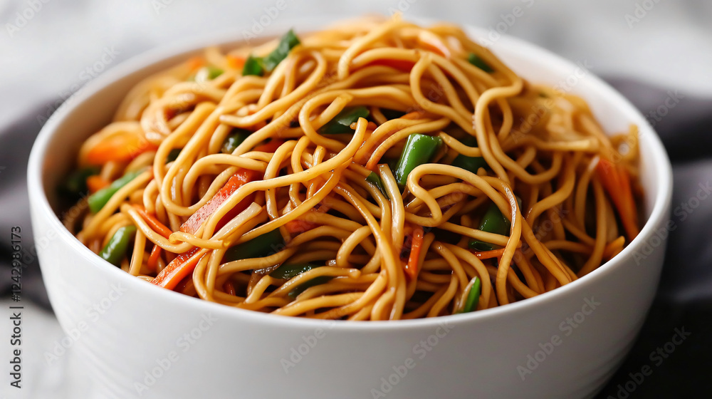 A close-up shot of a white bowl filled with veggie lo mein noodles.