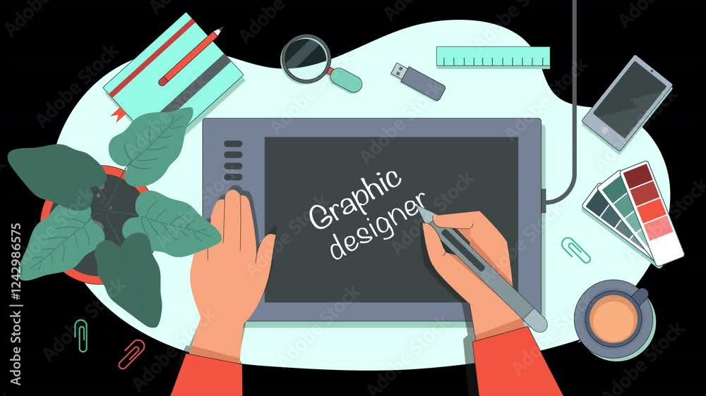 Create dynamic graphic design visuals with this flat style design animation scene, ideal for showcasing creative processes and tools.