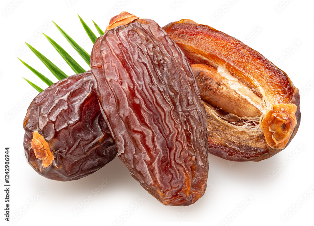 Three semi-dried dates or date palm fruits and palm leaves behind, isolated on white background. File contains clipping path. Three semi-dried dates or date palm fruits and palm leaves behind, isolated on white background. File contains clipping path.