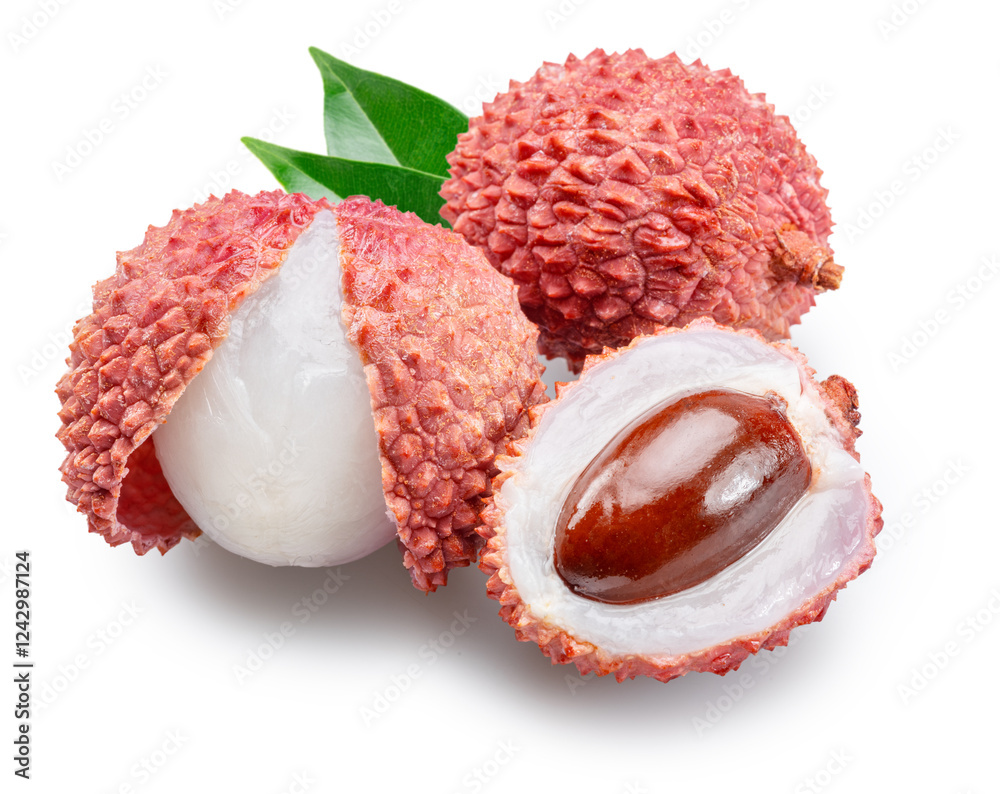 Lychee fruits with green leaves and lychee peeled in half isolated on white background. File contains clipping path. Lychee fruits with green leaves and lychee peeled in half isolated on white background. File contains clipping path.