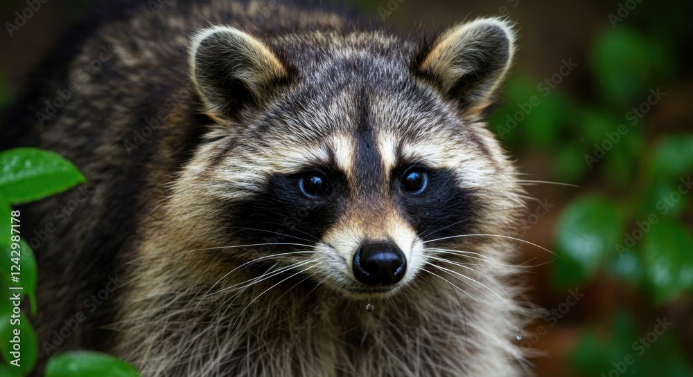 Close-up of a curious raccoon in natural habitat surrounded by green foliage Close-up of a curious raccoon in natural habitat surrounded by green foliage