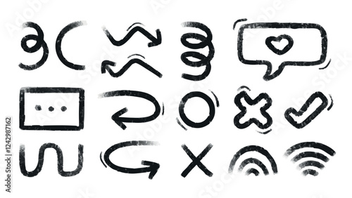 Charcoal scribbles set, abstract symbols and freehand signs, arrows and frames. Graphic design elements. Vector illustration.