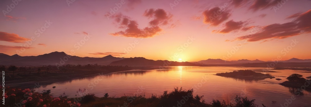 Fototapeta premium Rose-colored sunset with golden hues and warm colors, peaceful atmosphere, tranquil scene