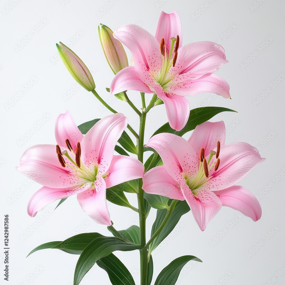 Pink lilies in full bloom with vibrant petals and green leaves against white background. flowers are elegantly arranged, showcasing their natural beauty and delicate structure Pink lilies in full bloom with vibrant petals and green leaves against white background. flowers are elegantly arranged, showcasing their natural beauty and delicate structure