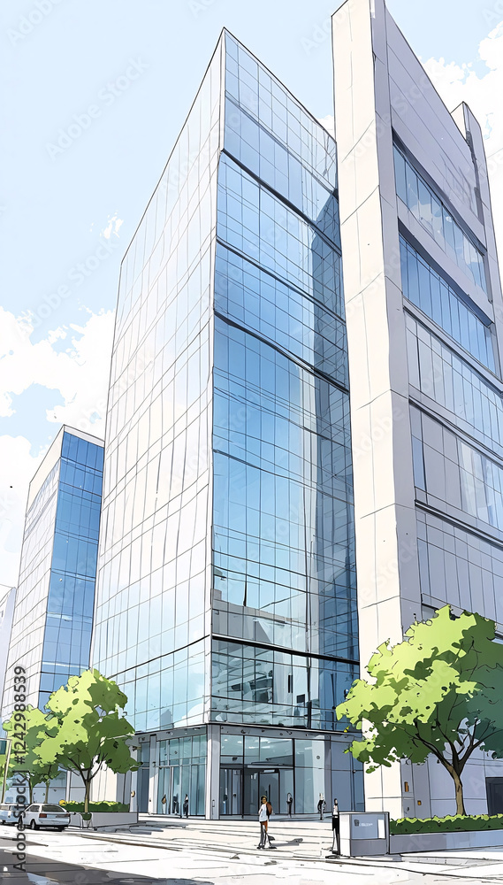 Obraz premium City Building Sketch Featuring Blue Structure with One Point Perspective Eye Level Architecture View Exterior Design Inspiration