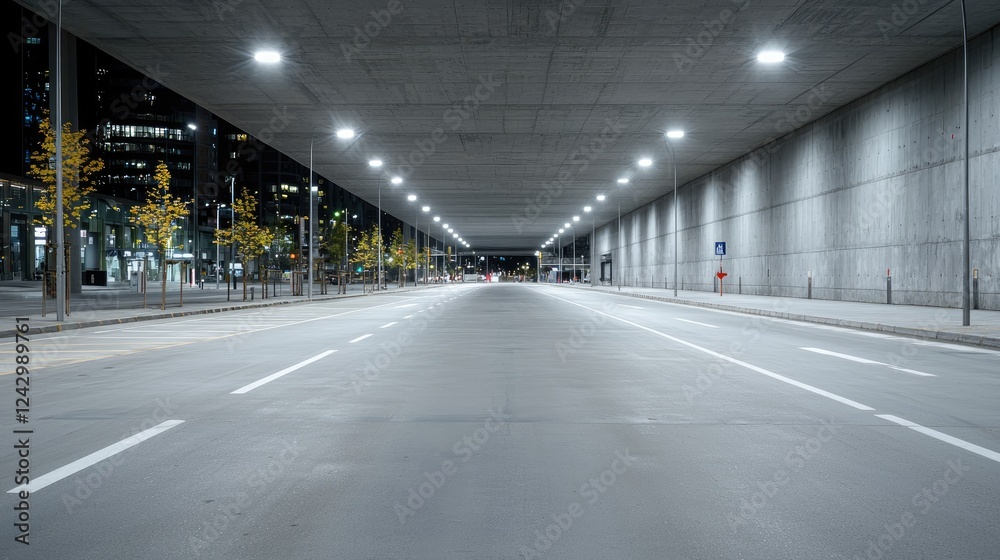 Empty city street at night, underpass, urban background, transportation Empty city street at night, underpass, urban background, transportation