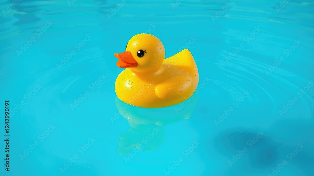 Single yellow rubber duck with droplets on blue water, blue surface, rubber duck, yellow, childhood, bath Single yellow rubber duck with droplets on blue water, blue surface, rubber duck, yellow, childhood, bath