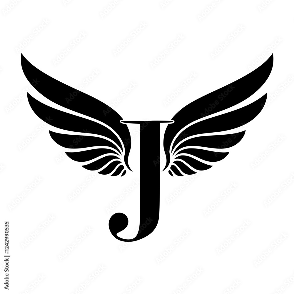 Fototapeta premium Winged Letter J Black Logo Design, Black letter J with symmetrical wings, creating a bold and stylish logo. Perfect for branding, aviation, business, sports, or creative identity. 