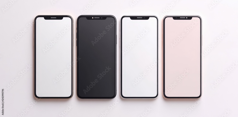 A row of colorful cell phones on a white background A row of colorful cell phones on a white background
