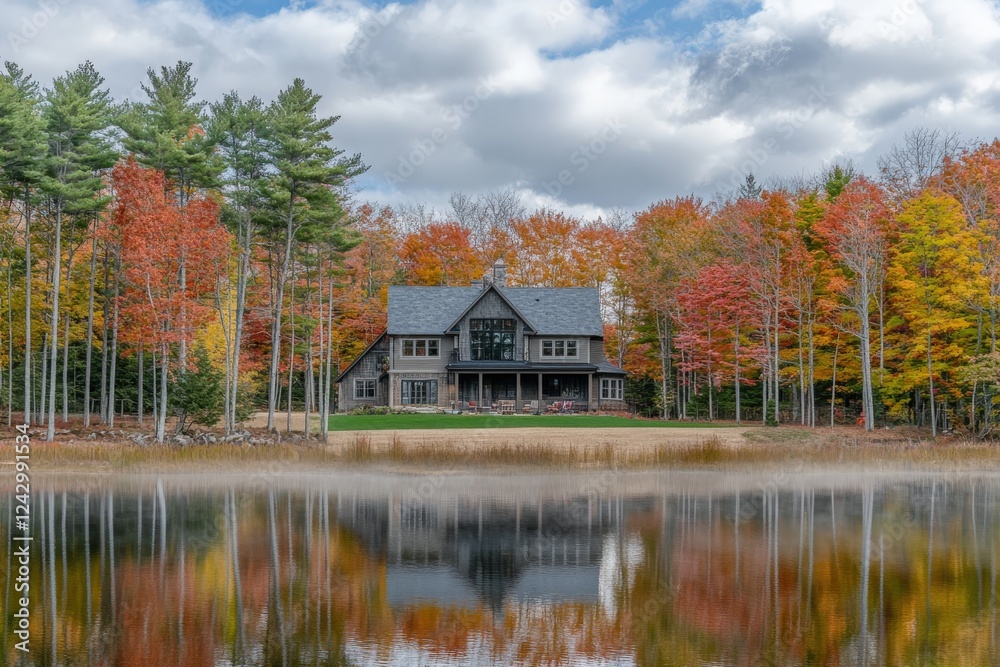 A tree sits on a small island in a lake surrounded by trees A tree sits on a small island in a lake surrounded by trees