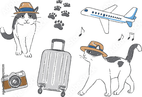 旅をするネコと旅行グッズの手書きイラストセット