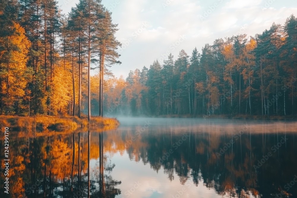 Fototapeta premium A tree sits on a small island in a lake surrounded by trees